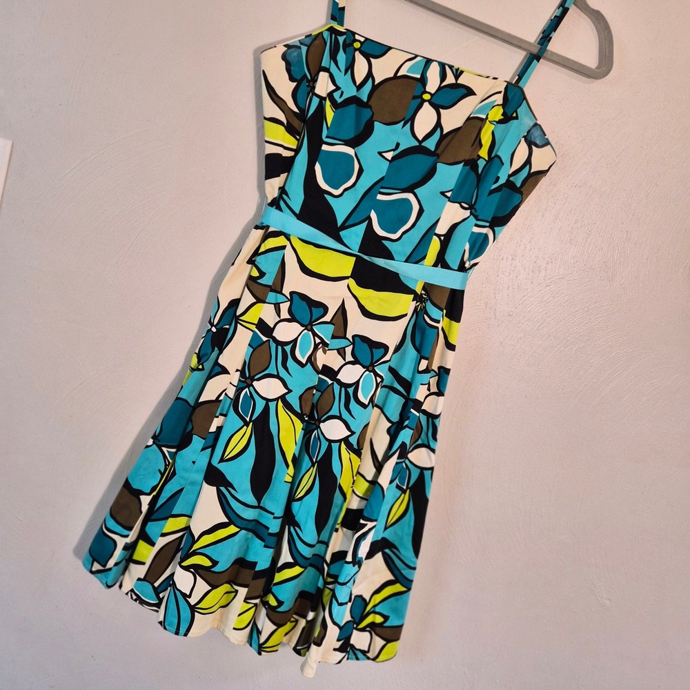 Jessica Howard Floral Fit and Flare Dress Blue Green Cotton Blend Size 10 Retro